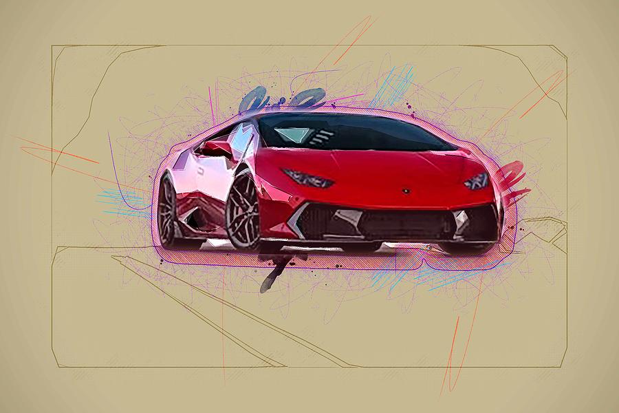 Drawing Lamborghini Huracan Novara Vag Red Sports Coupe Colorful ...