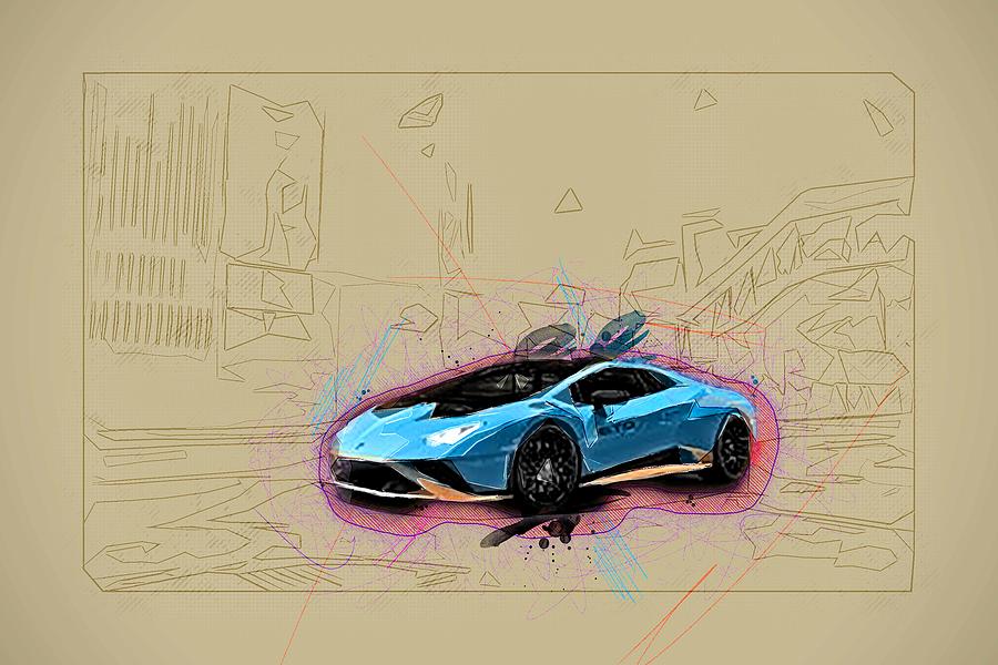 Drawing Lamborghini Huracan Sto Blue Coupe Tuning Supercar Italian ...