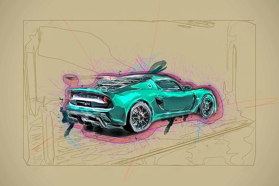 Drawing Lotus Exige Green Sports Coupe Racing Car Aerodynamic