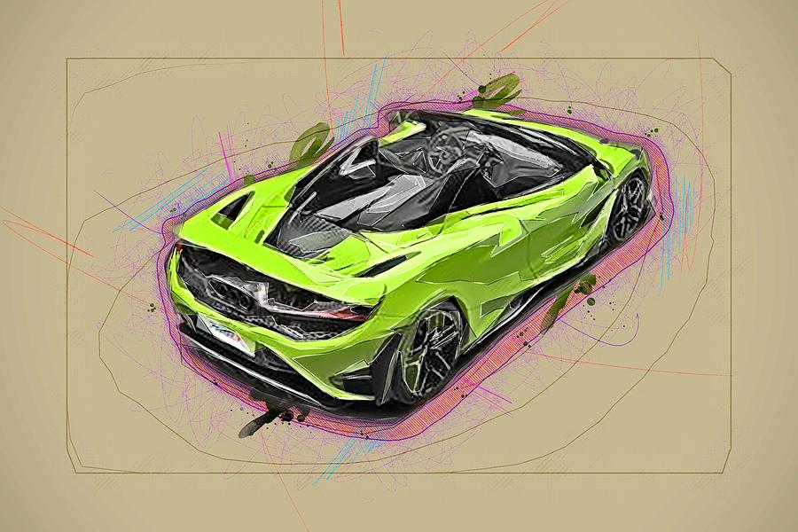 Drawing Mclaren 765Lt Spider 2022 Top Green Sports Coupe Supercar