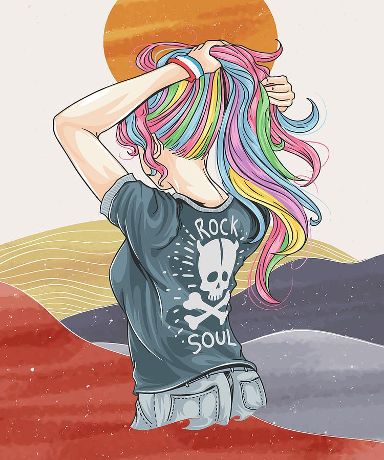 Rock And Roll Digital Art - Drawn girl unicorn with rocker tshirt artwork, abstract contemporary aesthetic background landscape by Mounir Khalfouf