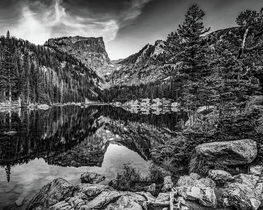 Dream Lake Colorado Mountain Peak Landscape In Black And White Photograph