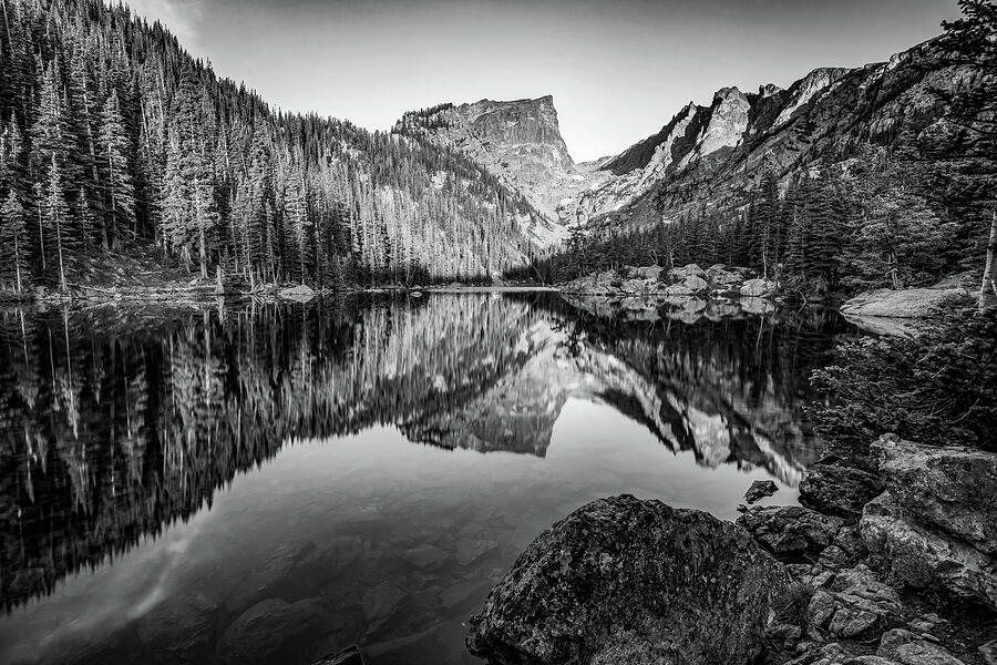 Dream Lake Monochrome Mountain Landscape Reflections Photograph by ...