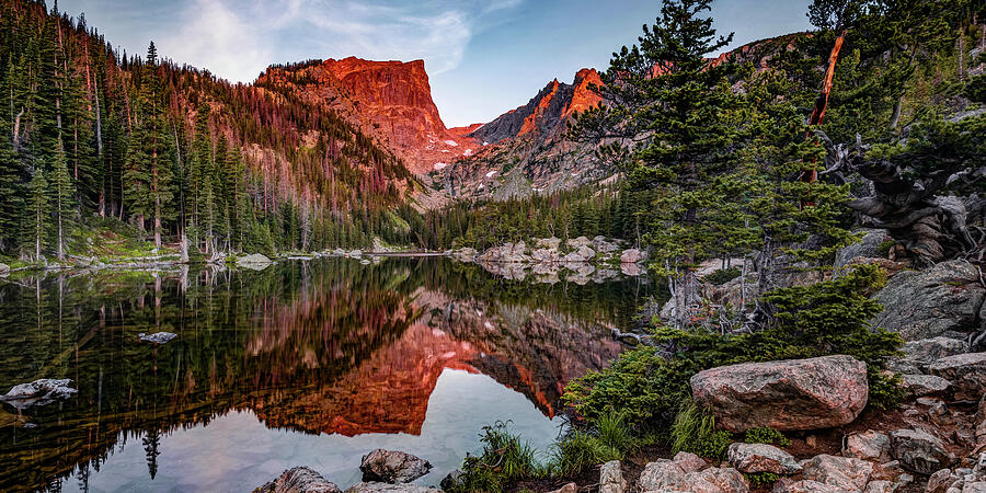 Dream Lake Morning Mountain Peak Reflections Panorama Photograph by Gregory Ballos
