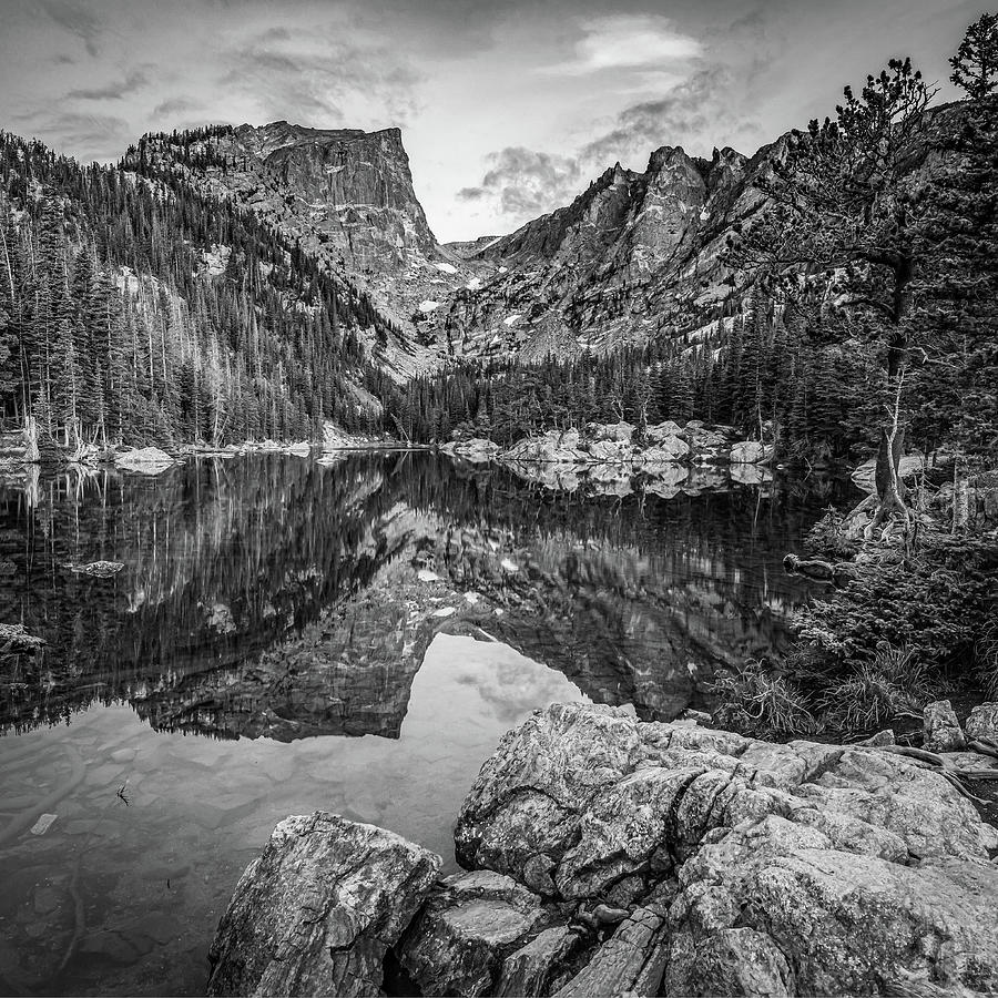 Dream Lake Peaks In The Rocky Mountains - Black and White Photograph by Gregory Ballos