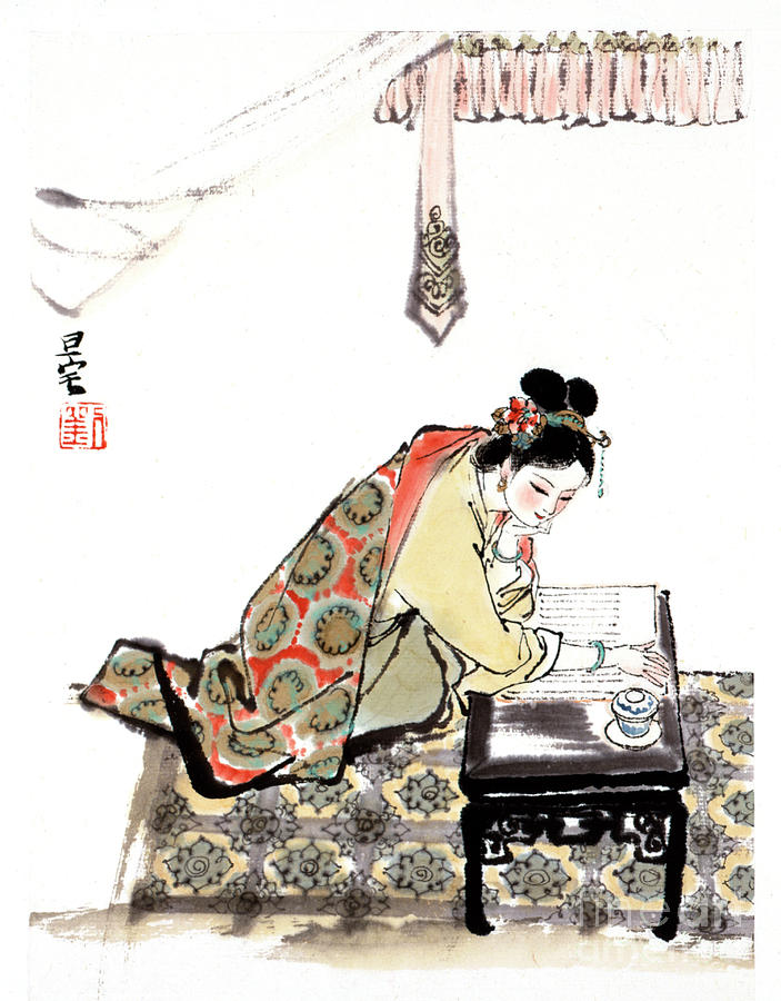 Dream of the Red Chamber - Woman Kneeling At Writing Table Painting by Liu Danzhai