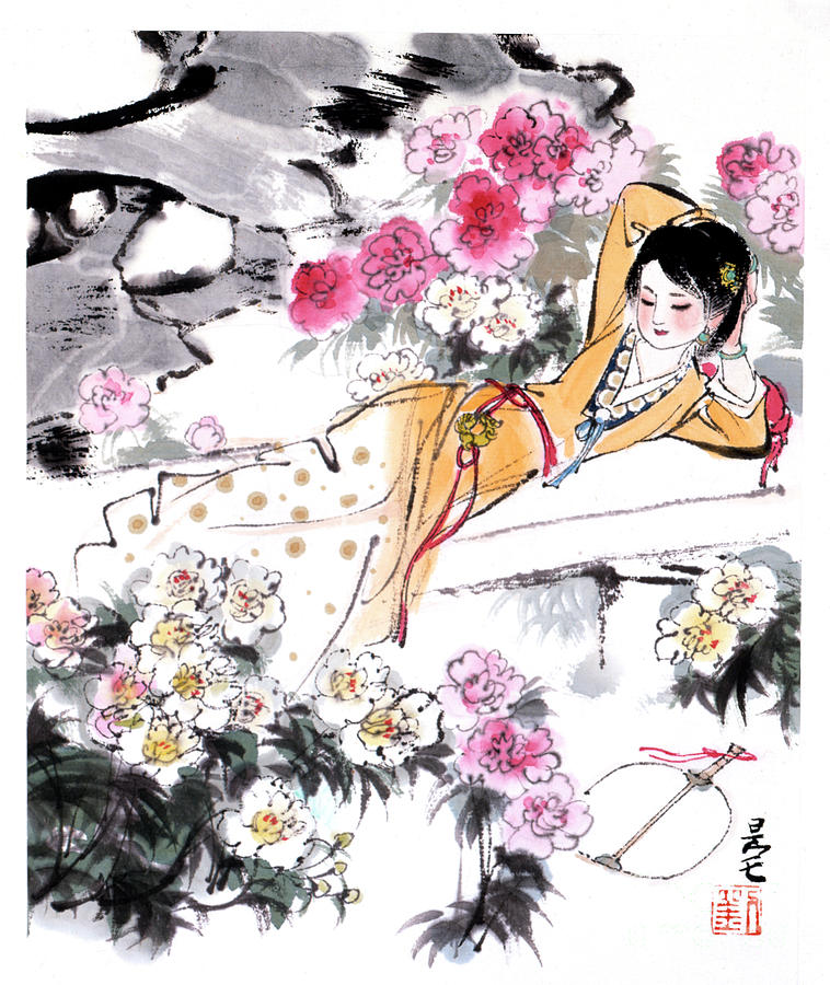 Dream of the Red Chamber - Woman Laying In Garden Painting by Liu Danzhai