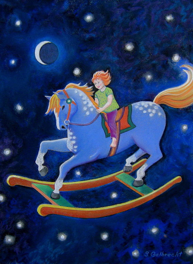 Child dreaming of riding her rocking horse in the night sky Painting by Shirley Galbrecht
