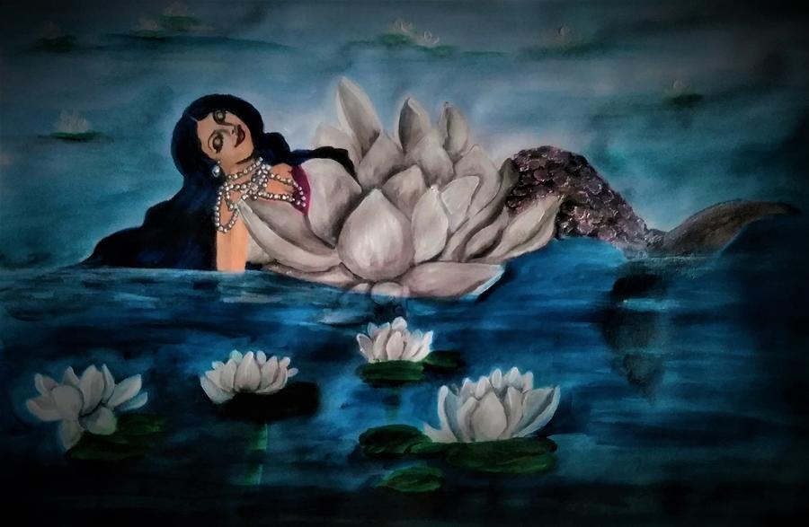 Dreaming mermaid in lotus Painting by Tara Krishna