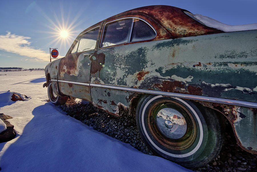 Dreaming of Roadtrip towards the Sun - Vintage Ford in Wisconsin snowscape Photograph by Peter Herman