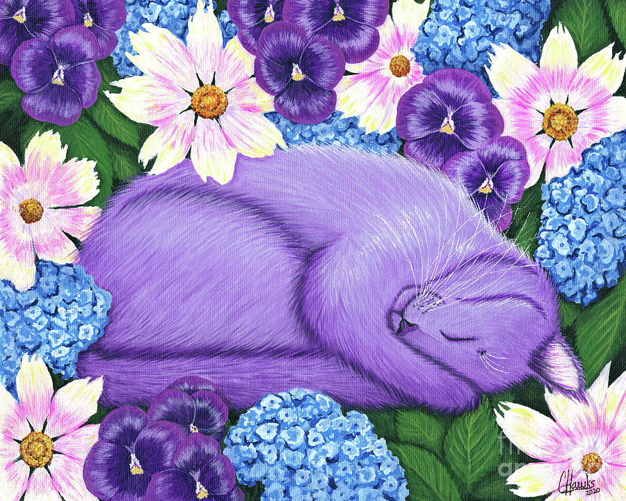Dreaming Sleeping Purple Cat Spring Flowers Painting by Carrie Hawks