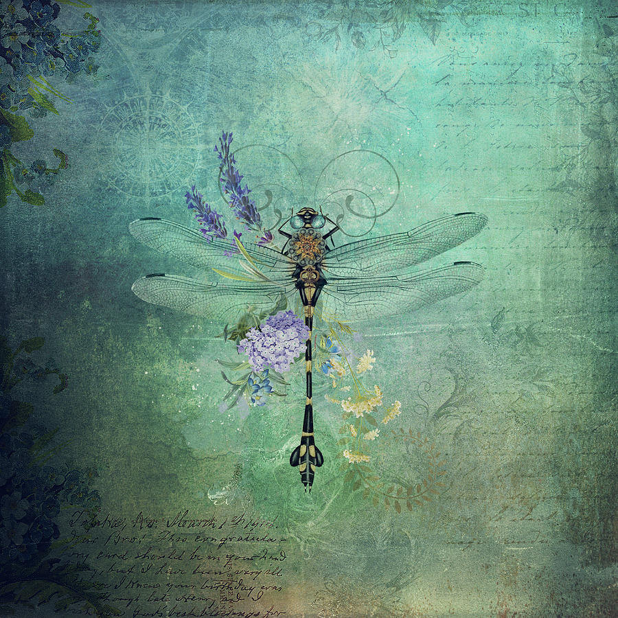 Vintage Dragonfly And Flowers Digital Art