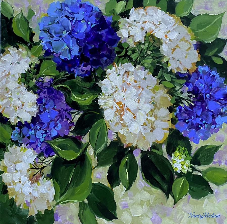 Dreams of Flying Blue Hydrangeas Painting by Nancy Medina - Fine Art ...