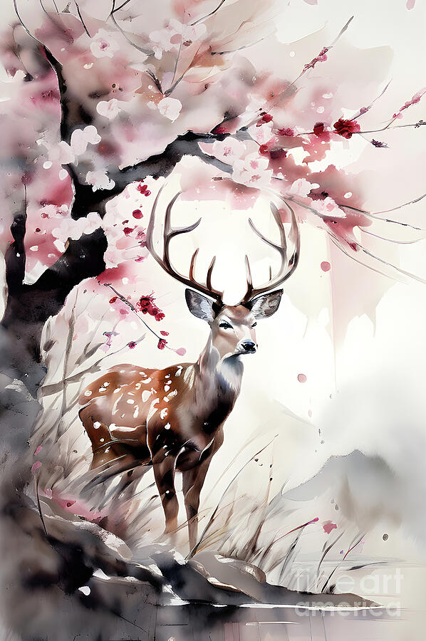 Wildlife Digital Art - Dreamy deer beside blossoming tree by Sen Tinel