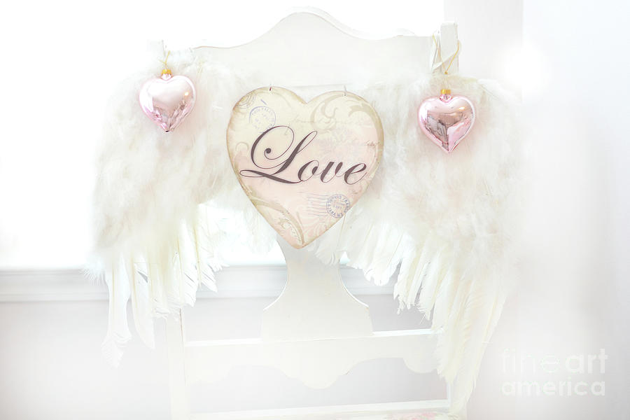 Dreamy Ethereal White Angel Wings Romantic Love Heart - Valentine Love Heart Pink White Angel Wings  Photograph by Kathy Fornal