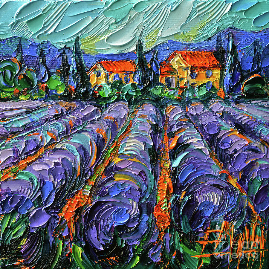 DREAMY FIELDS OF LAVENDER miniature textured palette knife oil painting on 3D canvas Painting by Mona Edulesco