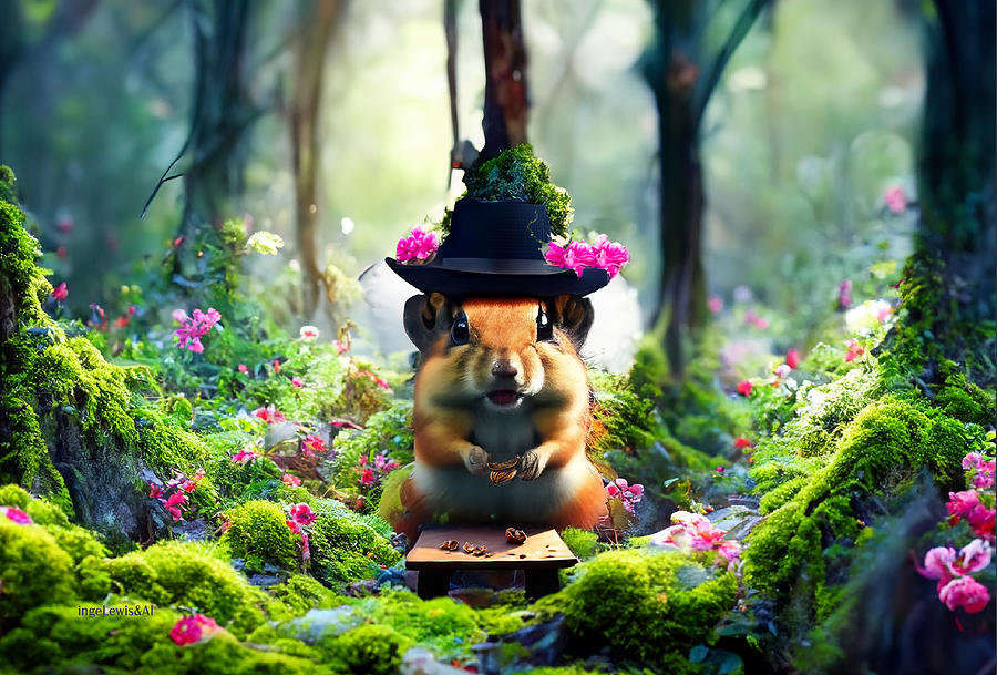 Dreamy Forrest with Chipmunk and Pink Flowers AI  Digital Art by Inge Lewis
