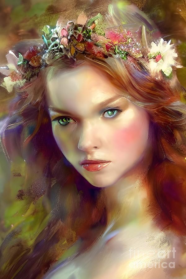 Dreamy Kitschy Maiden With Flower Wreath Painting
