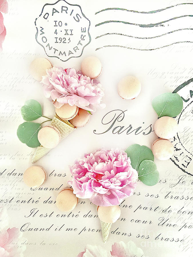 Dreamy Shabby Chic Paris Parisian Pink Peonies Macarons French Script Typography romantic floral art Photograph by Kathy Fornal