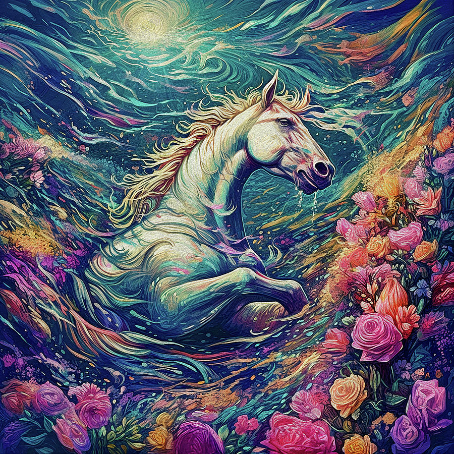 Dreamy Wild White Horse Sinking Into A Whirlpool Of Flowers. Finest 