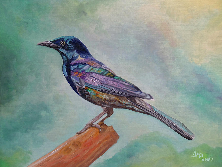 Dressed In Lights Common Grackle Painting by Angeles M Pomata