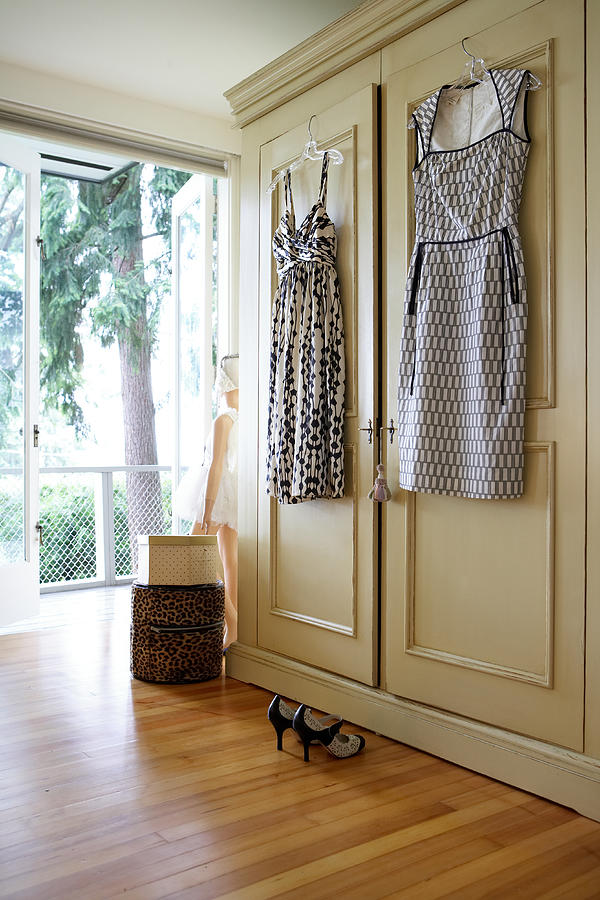 Dresses hanging from closet door Photograph by Noel Hendrickson