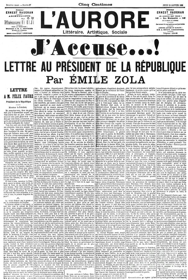 Dreyfus affair letter written by Emile Zola in French newspaper L Aurore on January 13, 1898 Photograph by Emile Zola