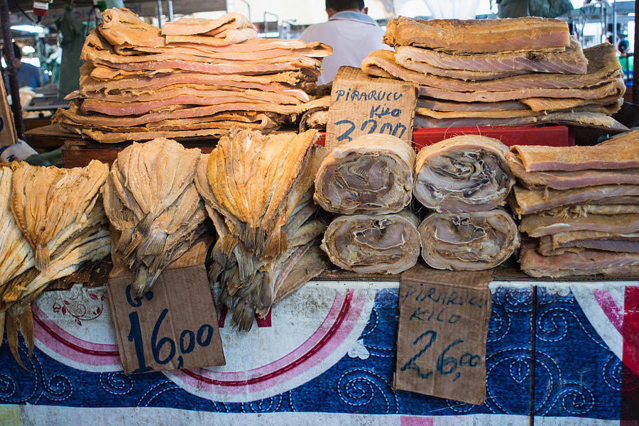 Dried salted fillets of regional amazonian fishes for sale in famous Ver-o-Peso public market Photograph by Wagnerokasaki