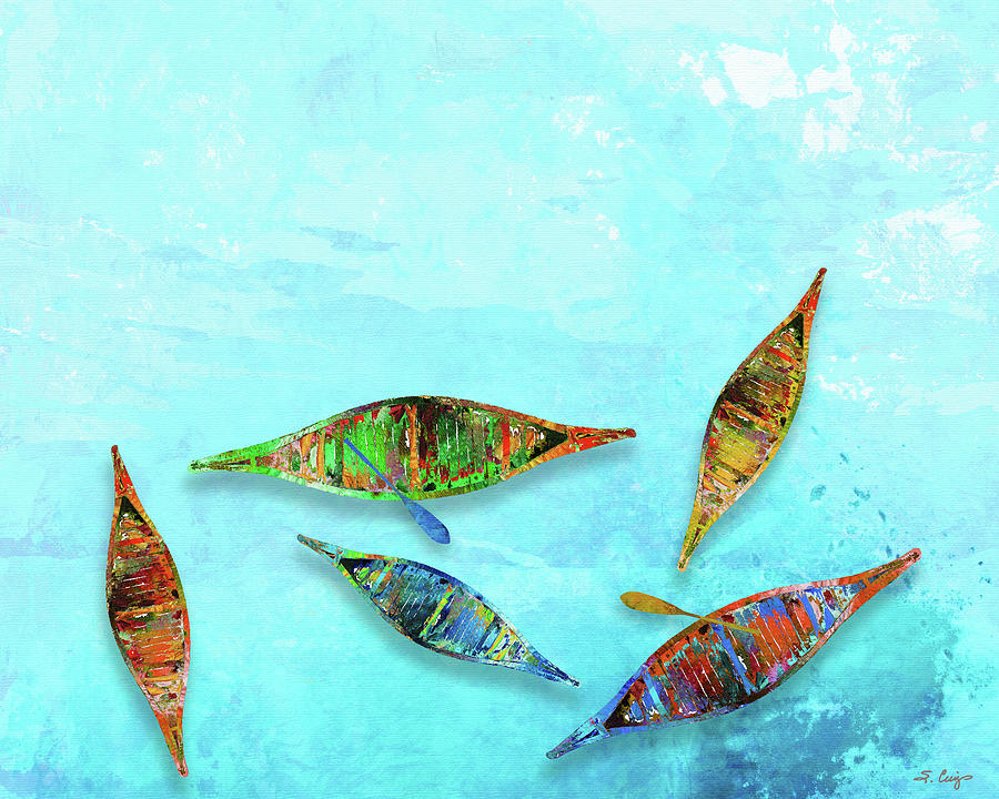 Drifting Canoes Colorful Art Two Paddles Painting by Sharon Cummings