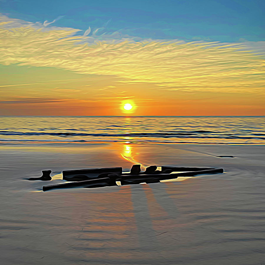 Driftwood Beach Shipwreck Sunrise Expressionism Square  Photograph by Bill Swartwout