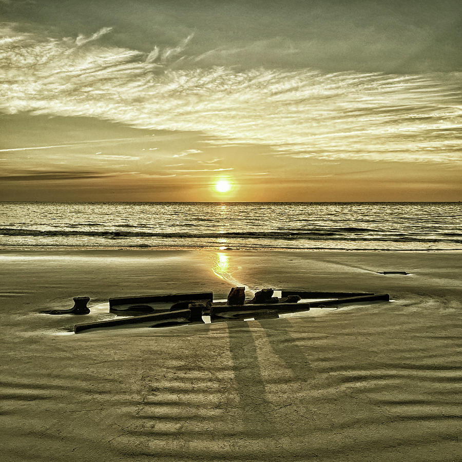 Driftwood Beach Shipwreck Sunrise Goldtone Square Photograph by Bill Swartwout