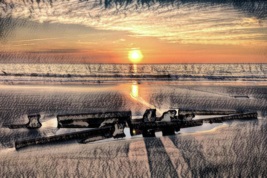 Driftwood Beach Shipwreck Sunrise in Charcoal Photograph by Bill Swartwout