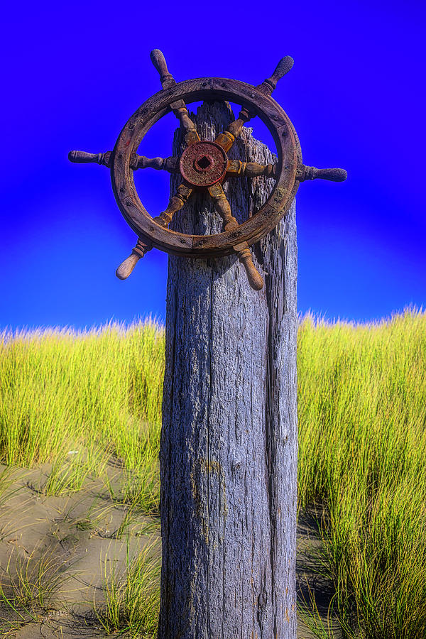 Driftwood Log With Ships Wheel Photograph by Garry Gay
