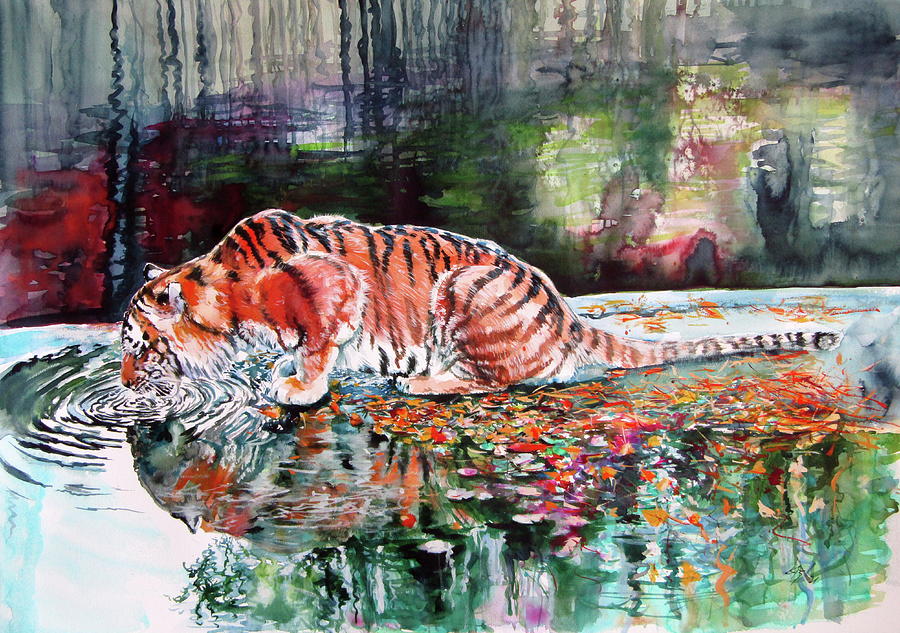 Drinking tiger Painting by Kovacs Anna Brigitta