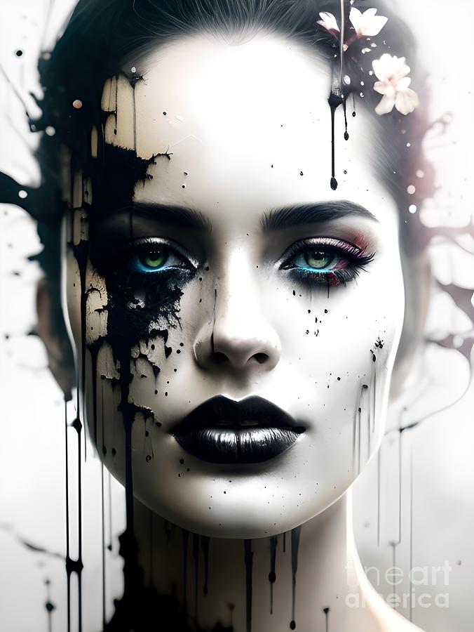 Dripping Elegance -  A Stunning Surreal Woman Face Portrait With Artful Twists Mixed Media