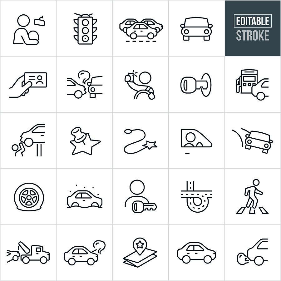 Driving and Traffic Thin Line Icons - Editable Stroke Drawing by Appleuzr