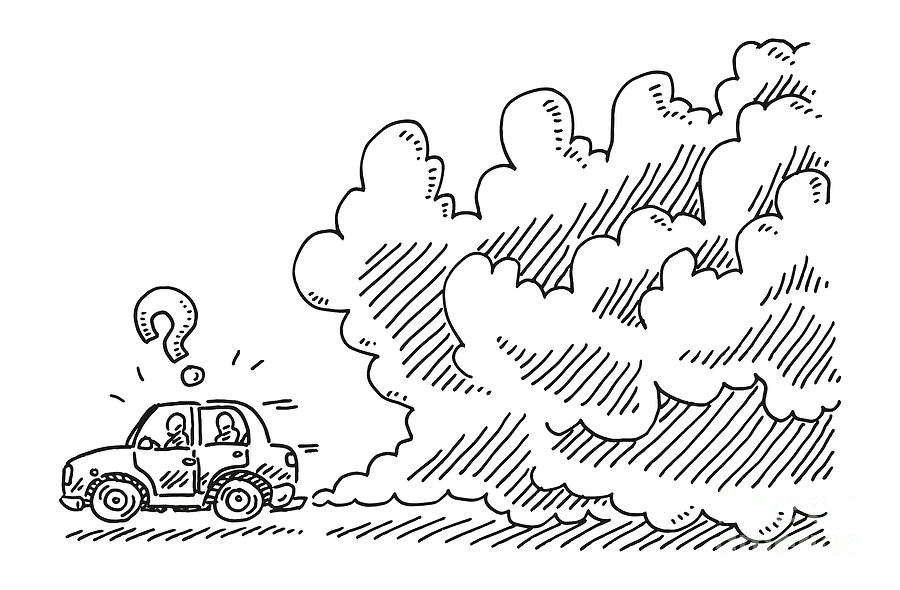 Black And White Drawing - Driving Car Broken Smoke Drawing by Frank Ramspott