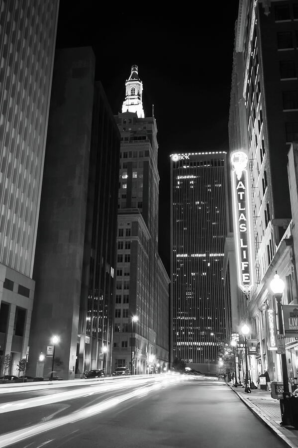 Tulsa Photograph - Driving Through Downtown Tulsa - Black and White by Gregory Ballos