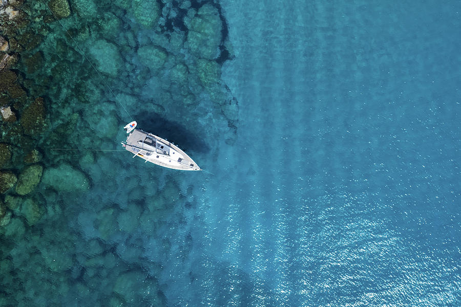 Drone aerial photograph of yacht in the open sea. Summer vacations holidays Cyprus Photograph by Michalakis Ppalis