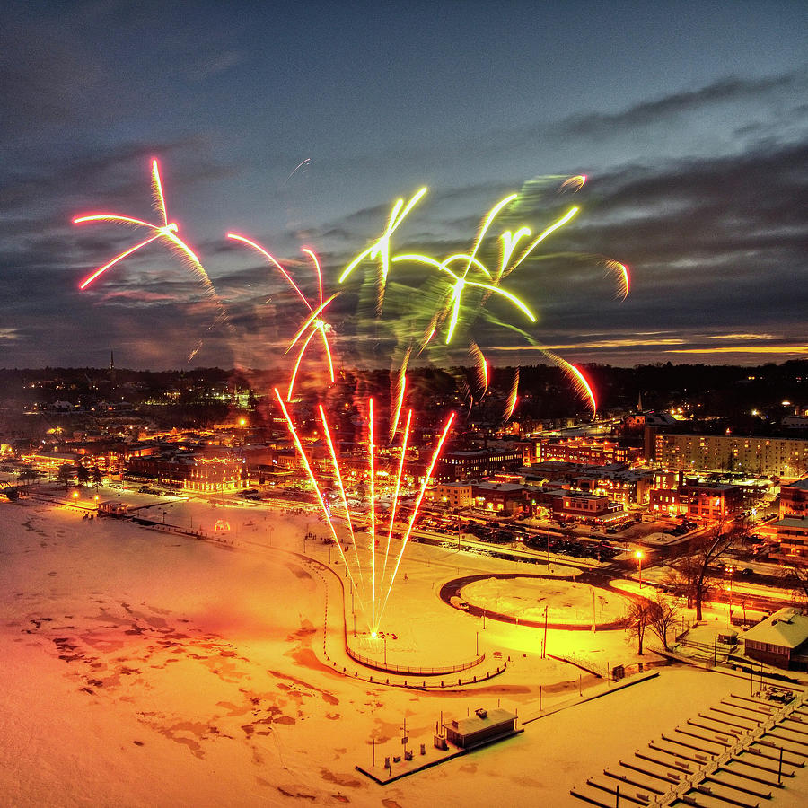 Drone Aerial View Downtown Stillwater Minnesota Golden Hour Winter