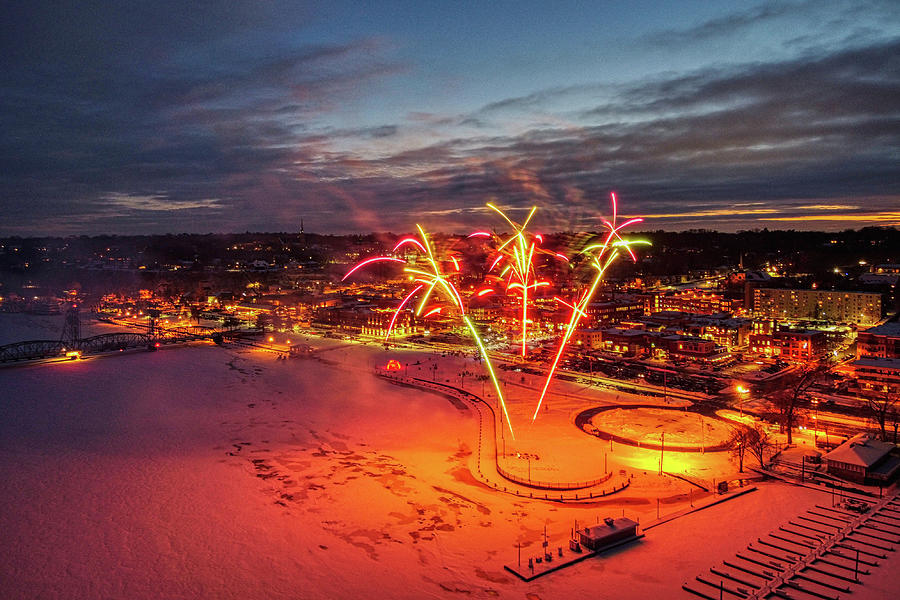 Drone Aerial View Downtown Stillwater Minnesota Golden Hour Winter