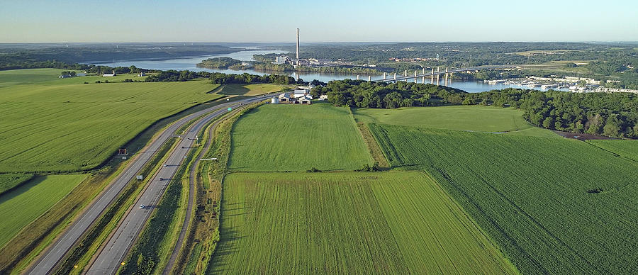 Drone aerial view early morning western wisconsin farm fields st croix crossing bridge near stillwat Photograph by Greg Schulz Pictures Over Stillwater