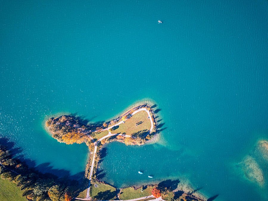 Drone Photo of a beautiful island located near Lungern city, Switzerland Photograph by SW Photography