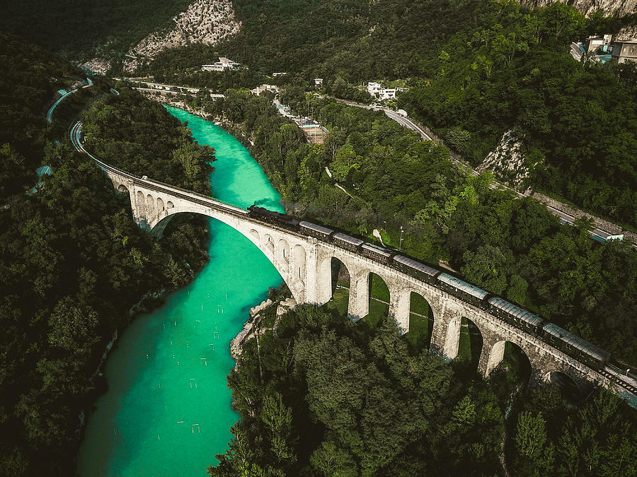 Drone Shot of Historical Old Train Passing Solkan Stone Bridge over Soča River Photograph by CasarsaGuru