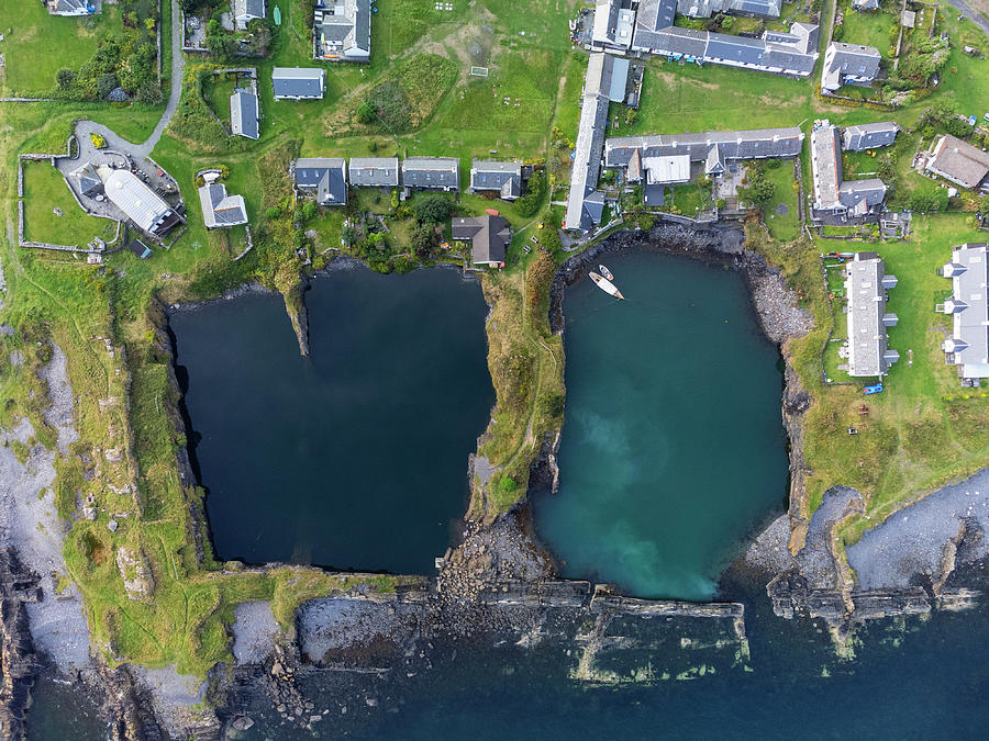 Drone View Of Flooded Slate Quarries On Easdale Island , Scotland ...