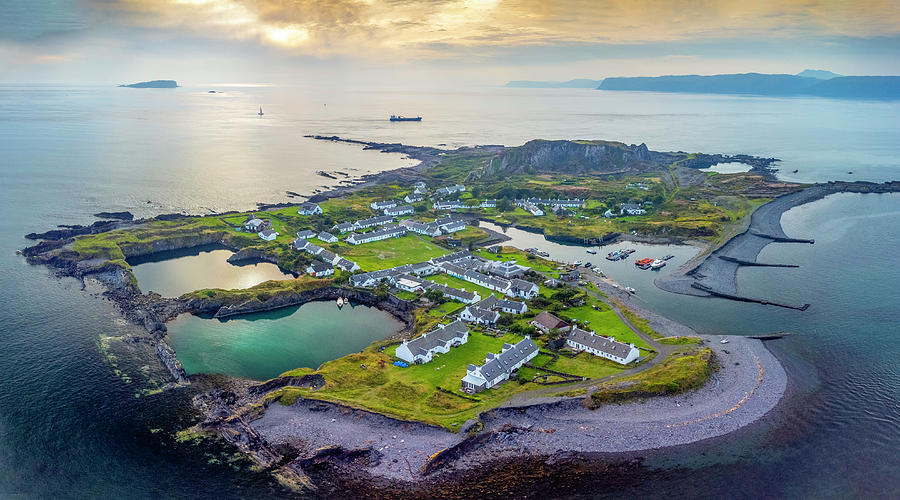 Drone View Of Flooded Slate Quarries On Easdale Island, Scotland ...