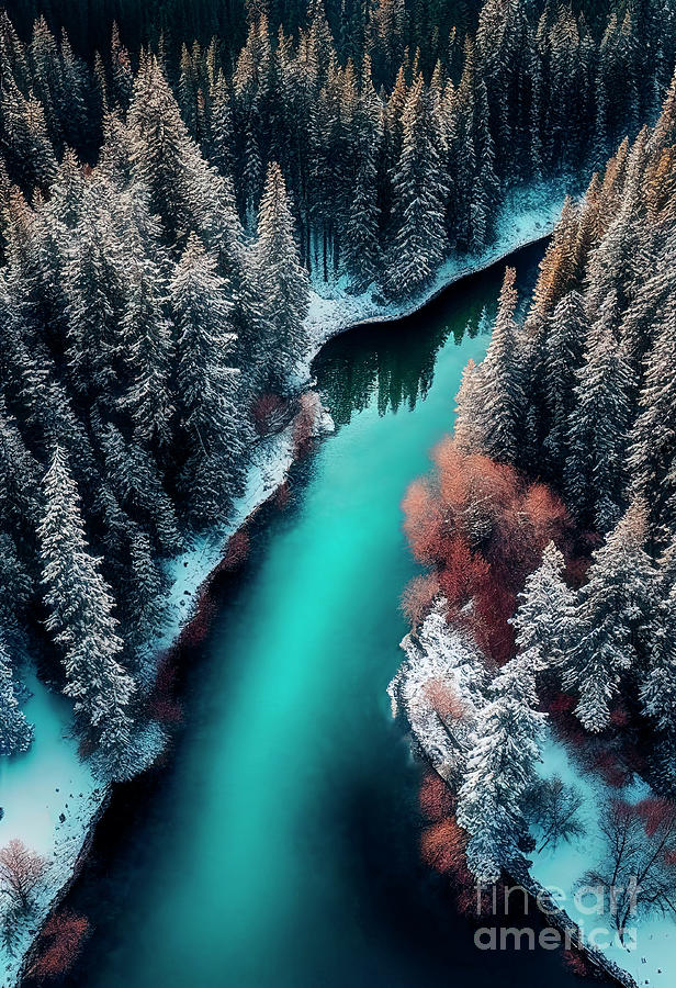 Winter Photograph - Drone view of winter landscape with pine forest and mountain lake by Jelena Jovanovic