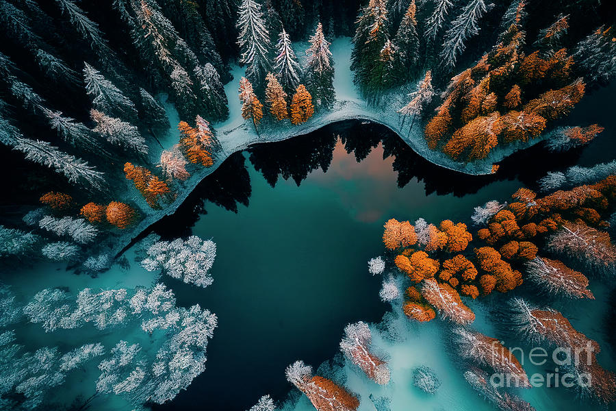 Drone view of winter pine forest and lake Photograph by Jelena Jovanovic
