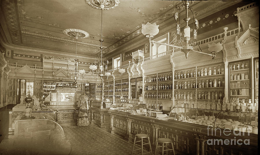 San Francisco Photograph - Drugstore Interior, medicines, pharmacists, pharmacy, San Francisco 1890 by Monterey County Historical Society