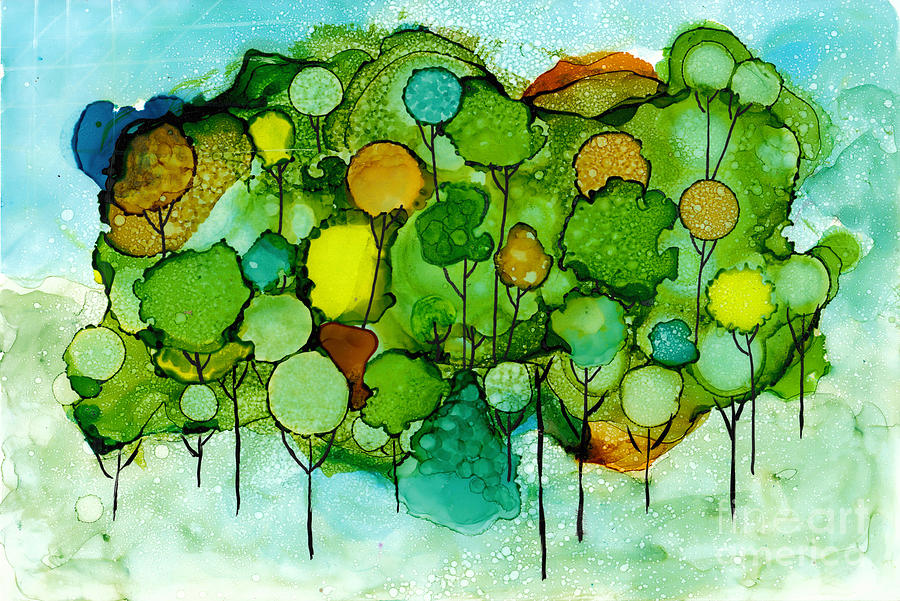 Drunken Forest Bubbly Abstract Trees Painting by Conni Schaftenaar